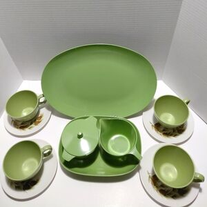 Melmac Green Tea Set & Platter with Pinecone Saucers